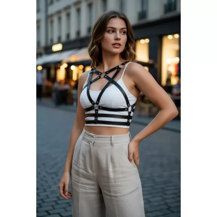 Siyah Kadın Kemer Deri Çoklu Bantlı Vücut Aksesuarı - APFT955