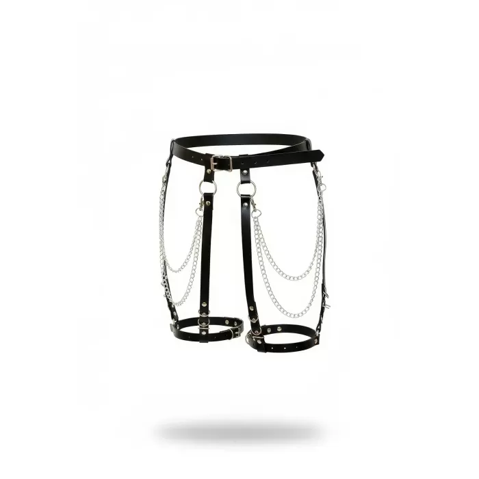 Siyah Jartiyer Harness Zincir Detaylı Suni Deri Vücut Aksesuarı - APFT958