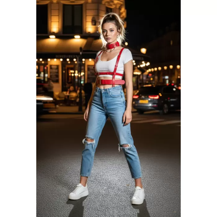 Kırmızı Kadın Kemer Deri Vücut Aksesuarı Tokalı Yelek - APFT959