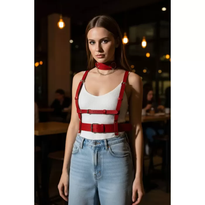 Kırmızı Kadın Kemer Deri Vücut Aksesuarı Tokalı Yelek - APFT959