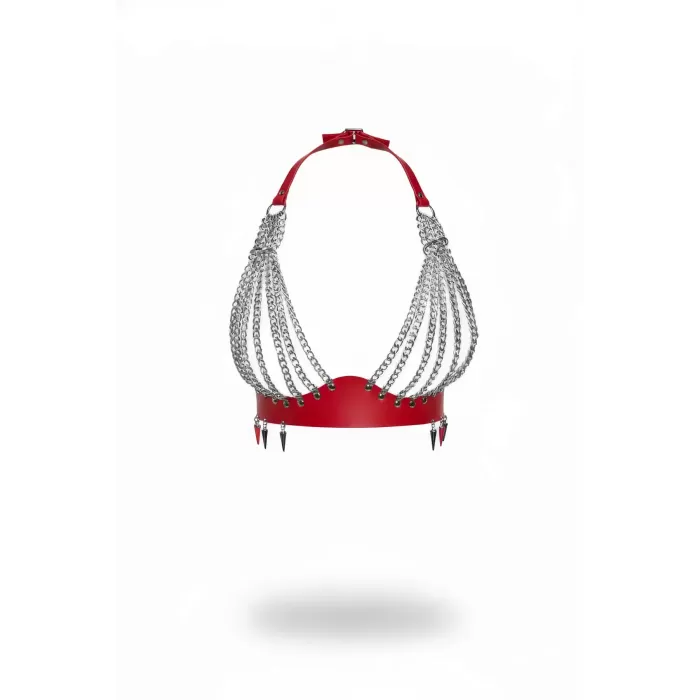 Kırmızı Göğüs Harness Zincir Detaylı Suni Deri Bralet - APFT964