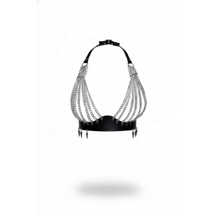 Siyah Göğüs Harness Zincir Detaylı Çivili Deri Vücut Aksesuarı - APFT964