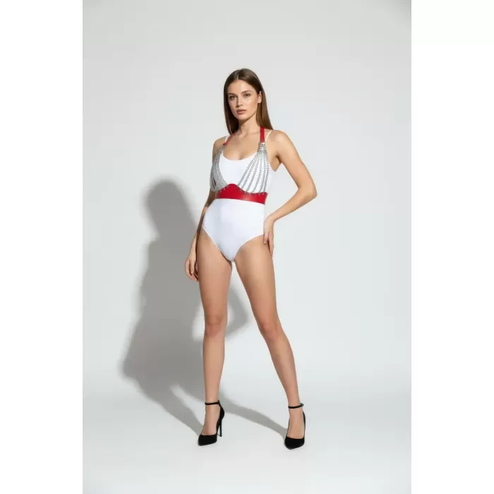 Kırmızı Göğüs Harness Zincir Detaylı Deri Aksesuar - APFT964