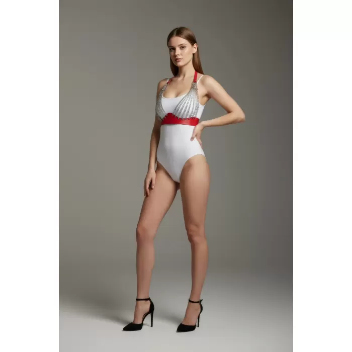 Kırmızı Göğüs Harness Zincir Detaylı Deri Aksesuar - APFT964