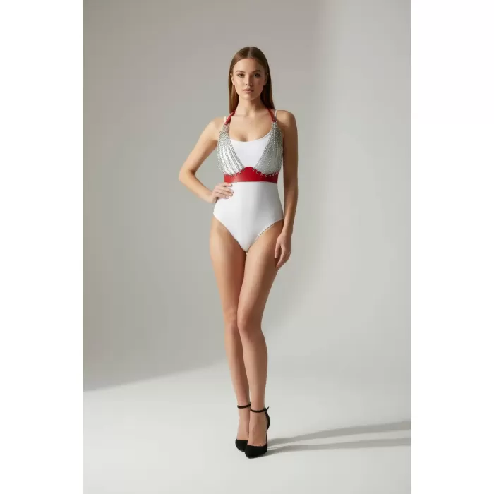 Kırmızı Göğüs Harness Zincir Detaylı Deri Aksesuar - APFT964