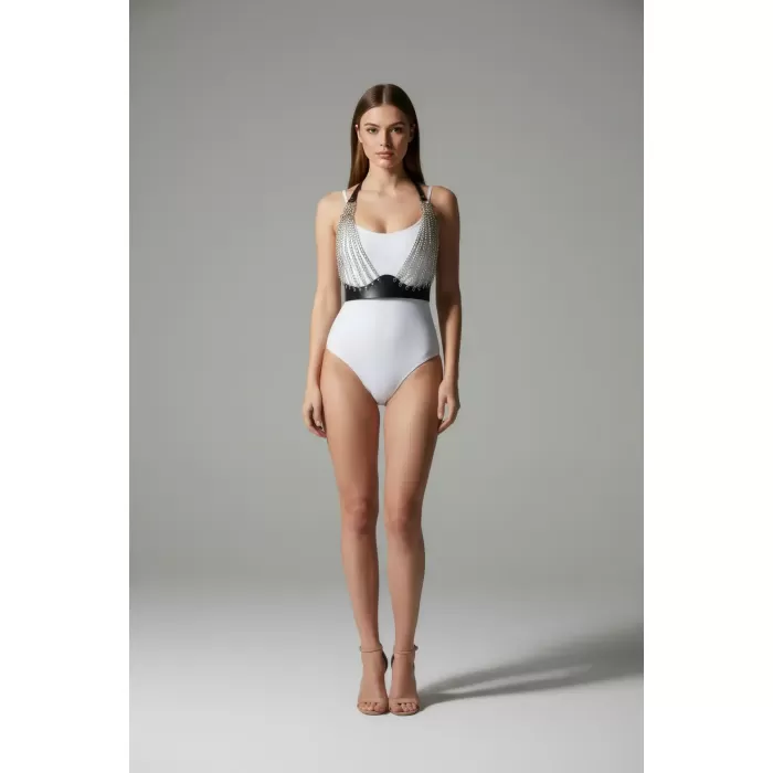 Siyah Göğüs Harness Zincir Detaylı Deri Vücut Takısı - APFT964