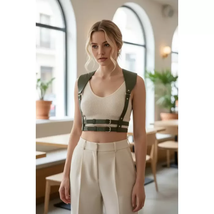Haki Kadın Kemer Omuz Detaylı Çift Tokalı Vücut Aksesuarı - APFT966