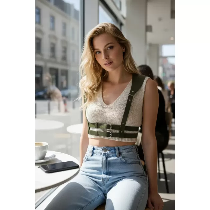 Haki Kadın Kemer Omuz Detaylı Çift Tokalı Vücut Aksesuarı - APFT966