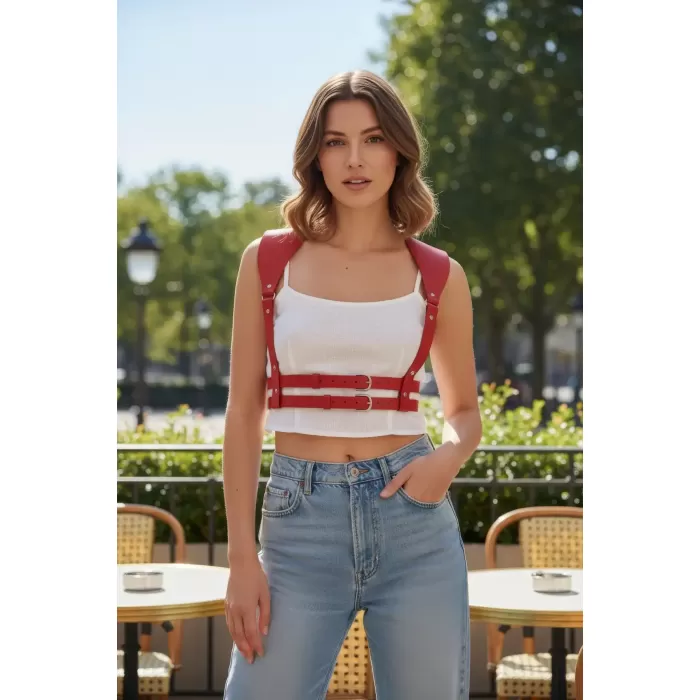 Kırmızı Kadın Kemer Omuz Detaylı Çift Tokalı Deri - APFT966