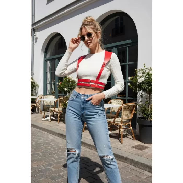 Kırmızı Kadın Kemer Omuz Detaylı Çift Tokalı Deri - APFT966