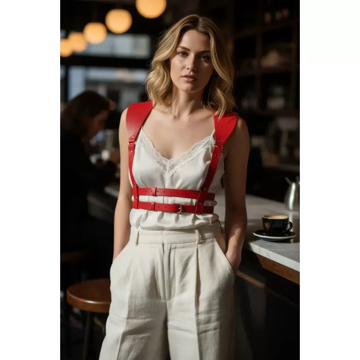 Kırmızı Kadın Kemer Omuz Detaylı Çift Tokalı Deri - APFT966