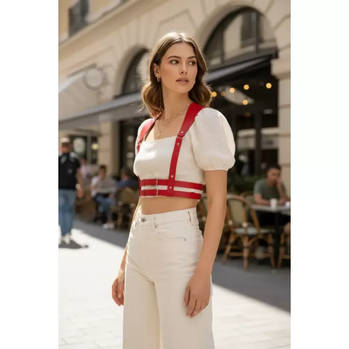 Kırmızı Kadın Kemer Omuz Detaylı Çift Tokalı Deri - APFT966