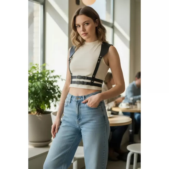 Siyah Kadın Kemer Deri Omuz Detaylı Vücut Aksesuarı - APFT966