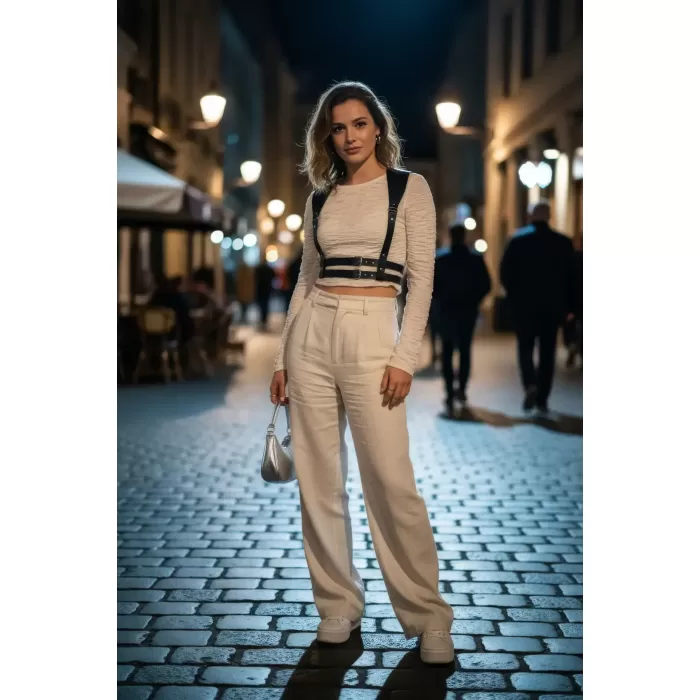 Siyah Kadın Kemer Deri Omuz Detaylı Vücut Aksesuarı - APFT966