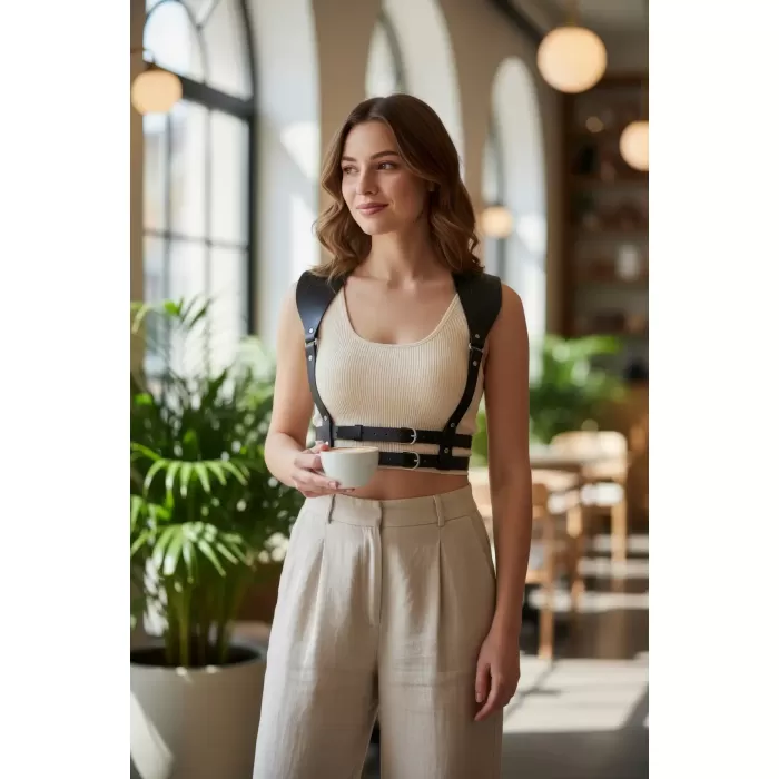 Siyah Kadın Kemer Deri Omuz Detaylı Vücut Aksesuarı - APFT966