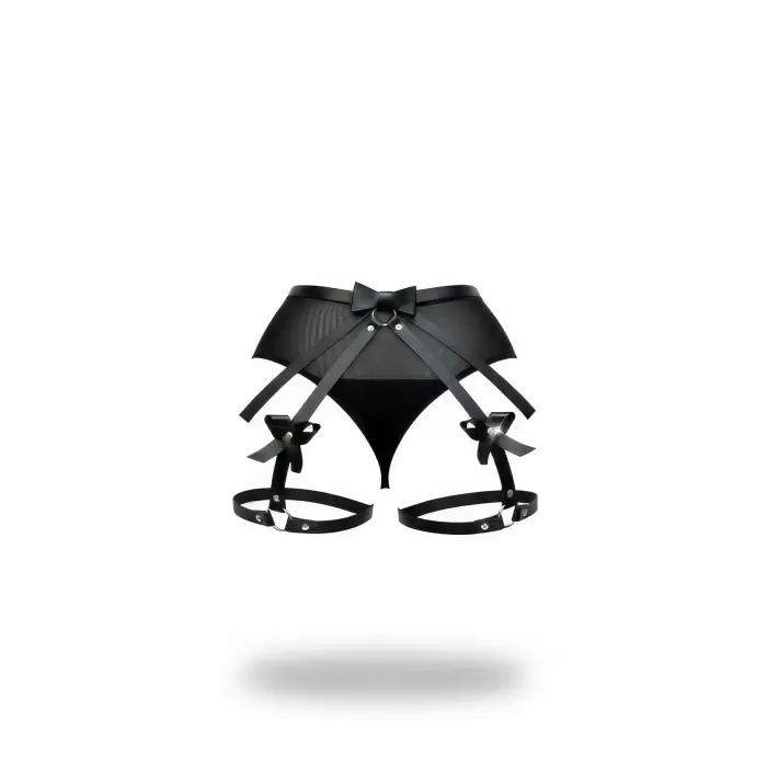 Siyah Tanga - Külot Tül Detaylı Yüksek Bel Jartiyerli - APFT968