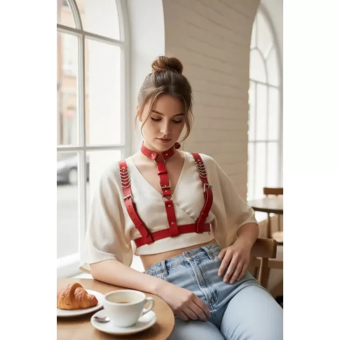 Kırmızı Kadın Kemer Yaka Detaylı Çoklu Bantlı Aksesuar - APFT969