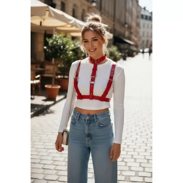 Kırmızı Kadın Kemer Yaka Detaylı Çoklu Bantlı Aksesuar - APFT969