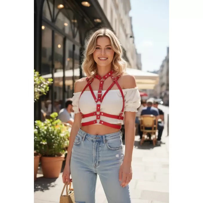 Kırmızı Kadın Kemer Çoklu Şeritli Toka Detaylı Vücut Aksesuarı - APFT970