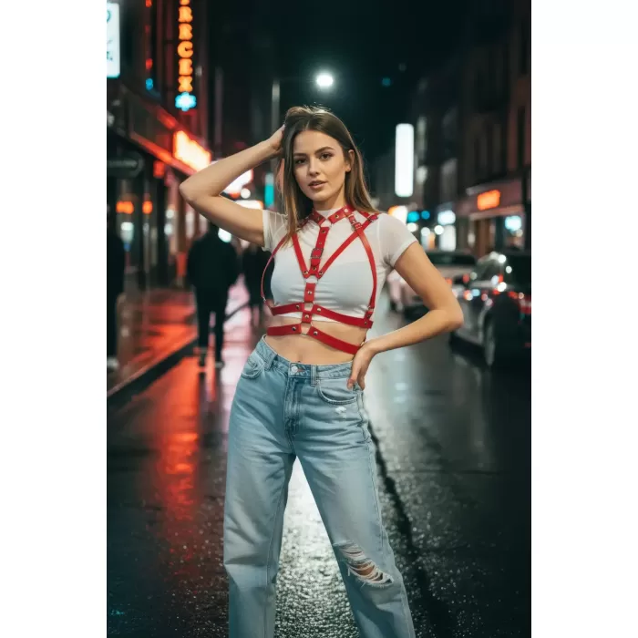 Kırmızı Kadın Kemer Çoklu Şeritli Toka Detaylı Vücut Aksesuarı - APFT970