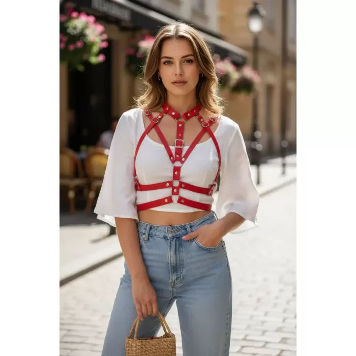 Kırmızı Kadın Kemer Çoklu Şeritli Toka Detaylı Vücut Aksesuarı - APFT970