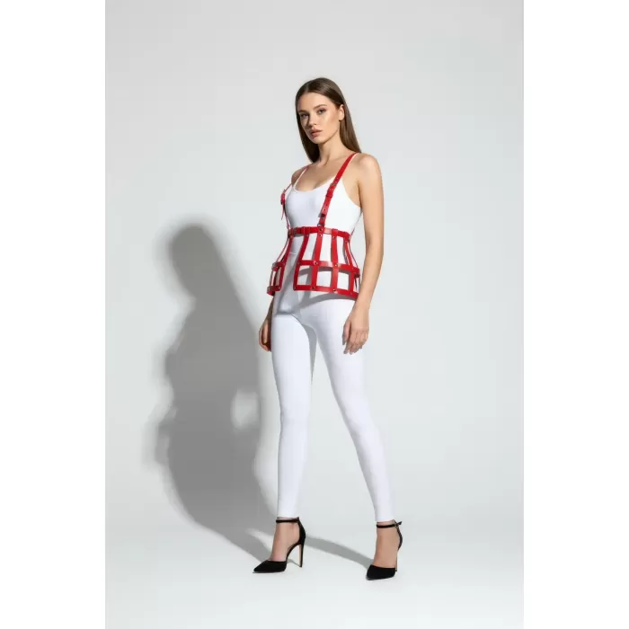 Kırmızı Etek Deri Kafes Detaylı Etek Yüksek Bel Etek Korse - APFT983