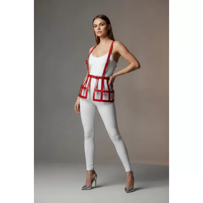 Kırmızı Etek Deri Kafes Detaylı Etek Yüksek Bel Etek Korse - APFT983