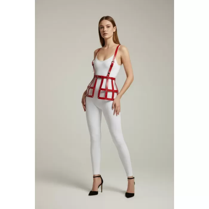 Kırmızı Etek Deri Kafes Detaylı Etek Yüksek Bel Etek Korse - APFT983