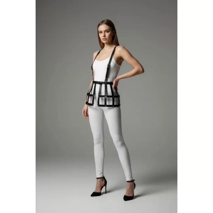 Siyah Etek Deri Kafes Detaylı Etek Yüksek Bel Etek - APFT983