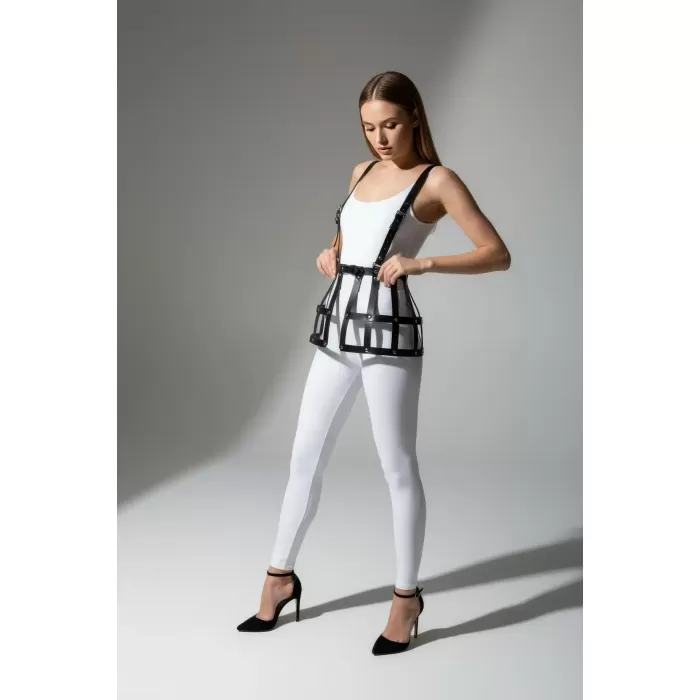 Siyah Etek Deri Kafes Detaylı Etek Yüksek Bel Etek - APFT983