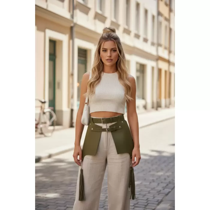Haki Kadın Kemer Panelli Püskül Detaylı Deri Bel Aksesuarı - APFT985