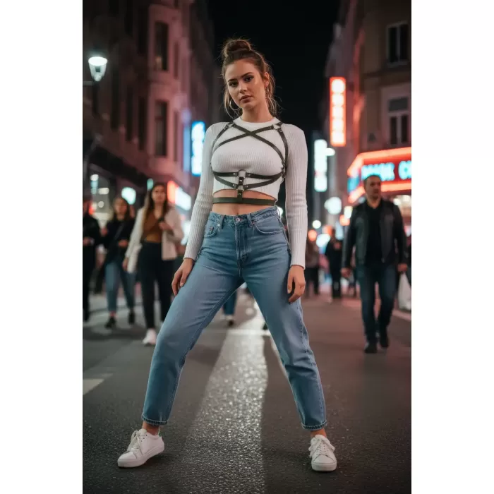 Siyah Kadın Kemer Çapraz Detaylı Vücut Aksesuarı - APFT991