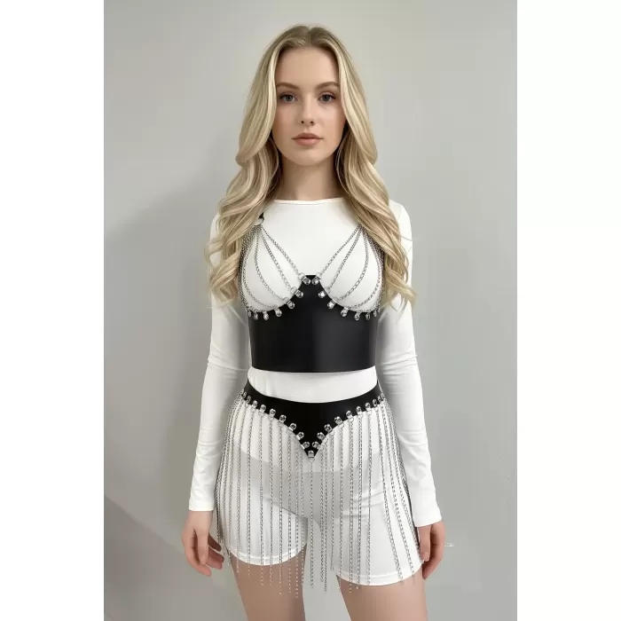 Gümüş Etek Zincir Detaylı Etek Püsküllü Mini Etek Parti Kıyafeti - APFT994