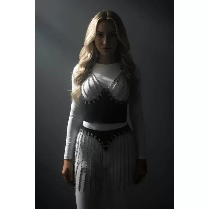 Gümüş Etek Zincir Detaylı Etek Püsküllü Mini Etek Parti Kıyafeti - APFT994