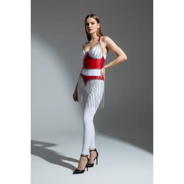 Kırmızı Etek Zincir Detaylı Etek Suni Deri Etek Vücut Aksesuarı - APFT994