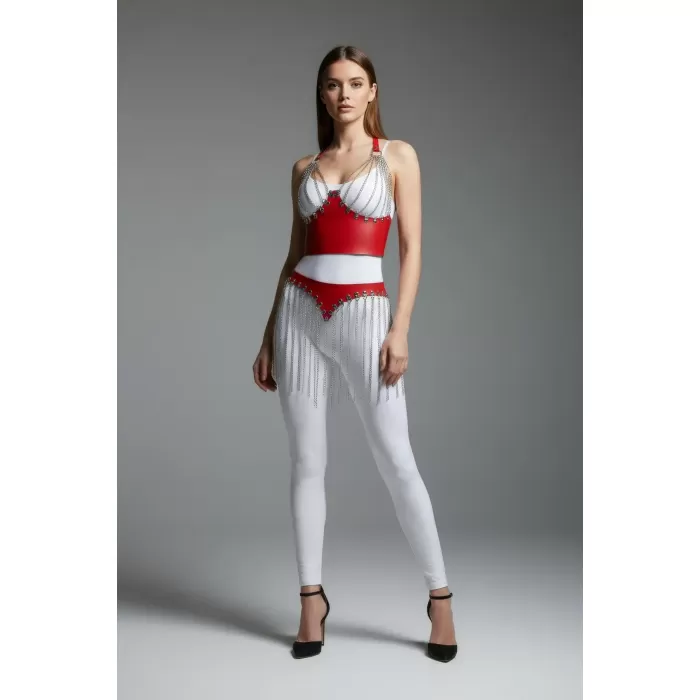 Kırmızı Etek Zincir Detaylı Etek Suni Deri Etek Vücut Aksesuarı - APFT994