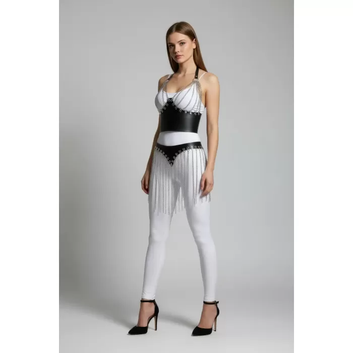 Siyah Etek Deri Korse Tipi Zincir Saçaklı - APFT994