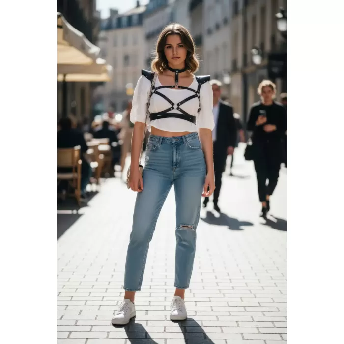 Siyah Kadın Kemer Deri Çapraz Bantlı Omuz Detaylı - APFT996