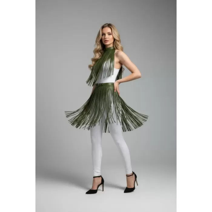 Haki Etek Suni Deri Etek Püsküllü Parti Kıyafeti - APFT997