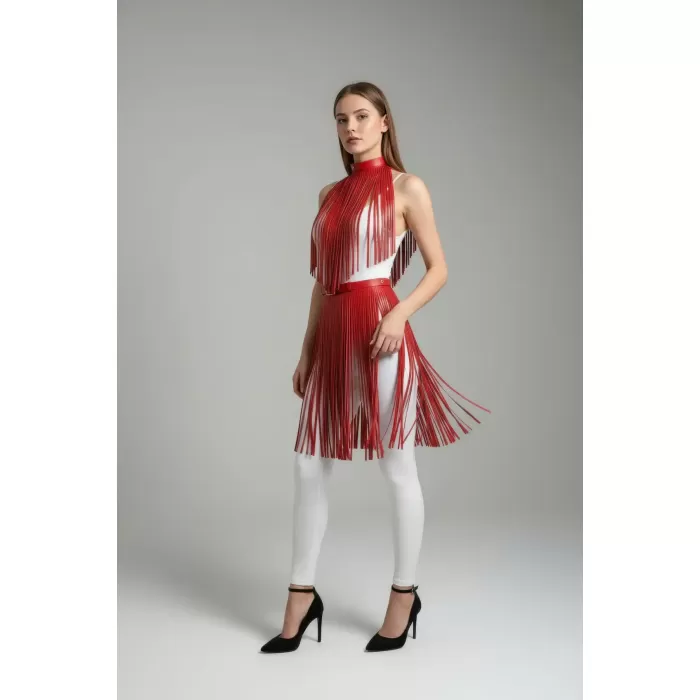 Kırmızı Etek Püsküllü Suni Deri Etek Yüksek Bel Etek - APFT997