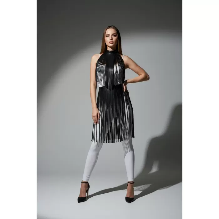 Siyah Etek Deri Şerit Detaylı Etek Yüksek Bel Etek - APFT997