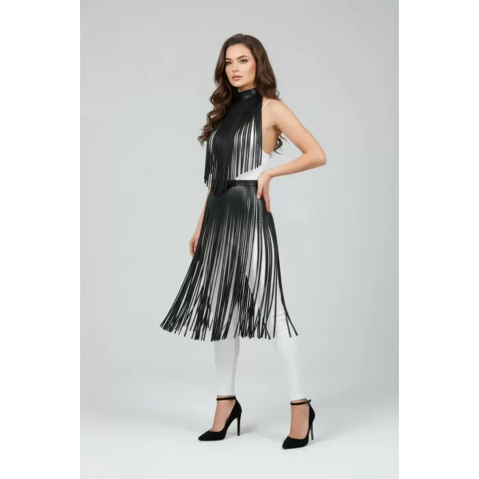 Siyah Etek Deri Şerit Detaylı Etek Yüksek Bel Etek - APFT997