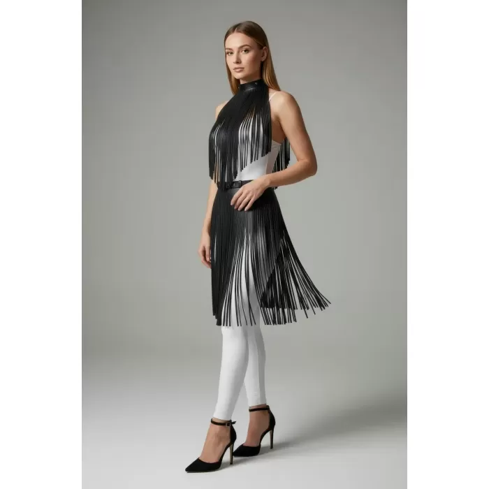 Siyah Etek Deri Şerit Detaylı Etek Yüksek Bel Etek - APFT997