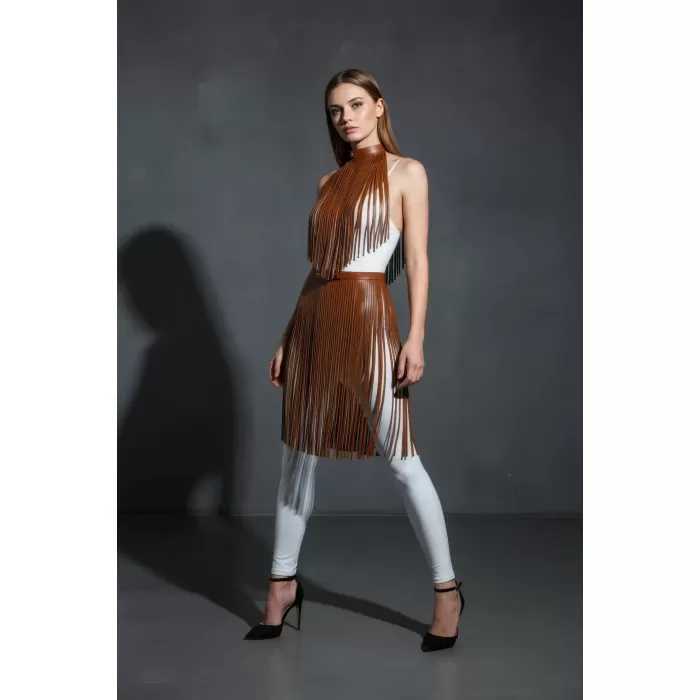 Kahverengi Etek Püskül Detaylı Etek Yüksek Bel Etek - APFT997