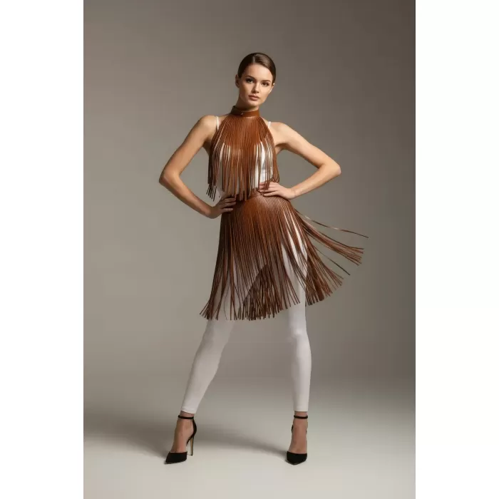 Kahverengi Etek Püskül Detaylı Etek Yüksek Bel Etek - APFT997