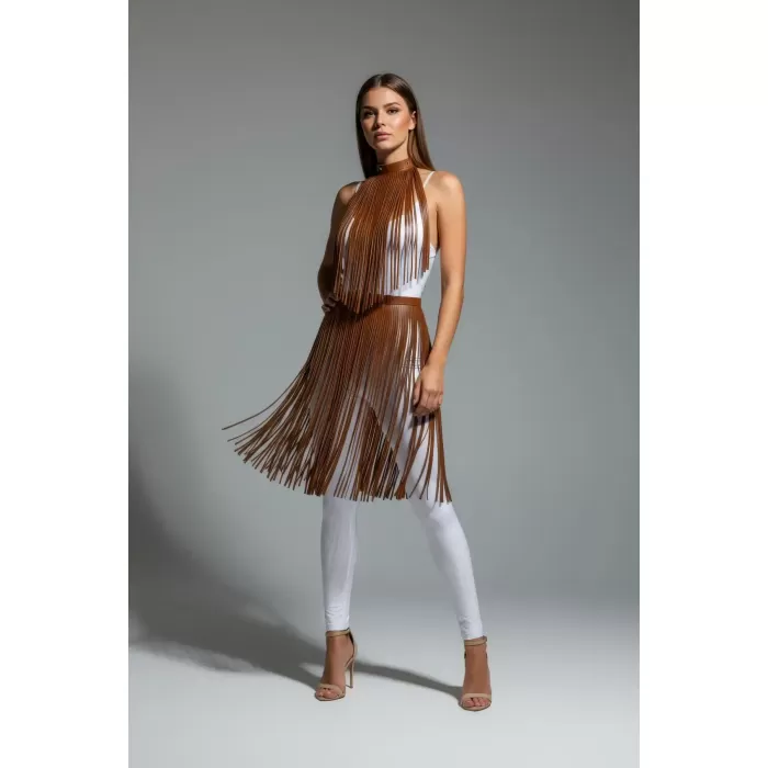 Kahverengi Etek Püskül Detaylı Etek Yüksek Bel Etek - APFT997