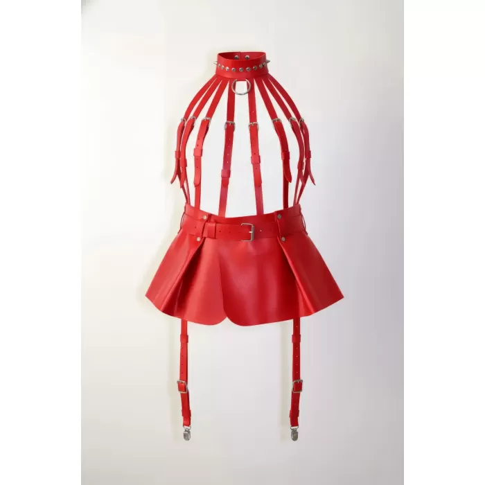 Kırmızı Etek Suni Deri Etek Toka Detaylı Etek Kloş Mini Etek - APFT998