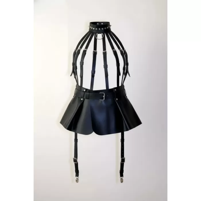 Siyah Etek Suni Deri Etek Tokalı Kafes Yapılı Mini Etek - APFT998