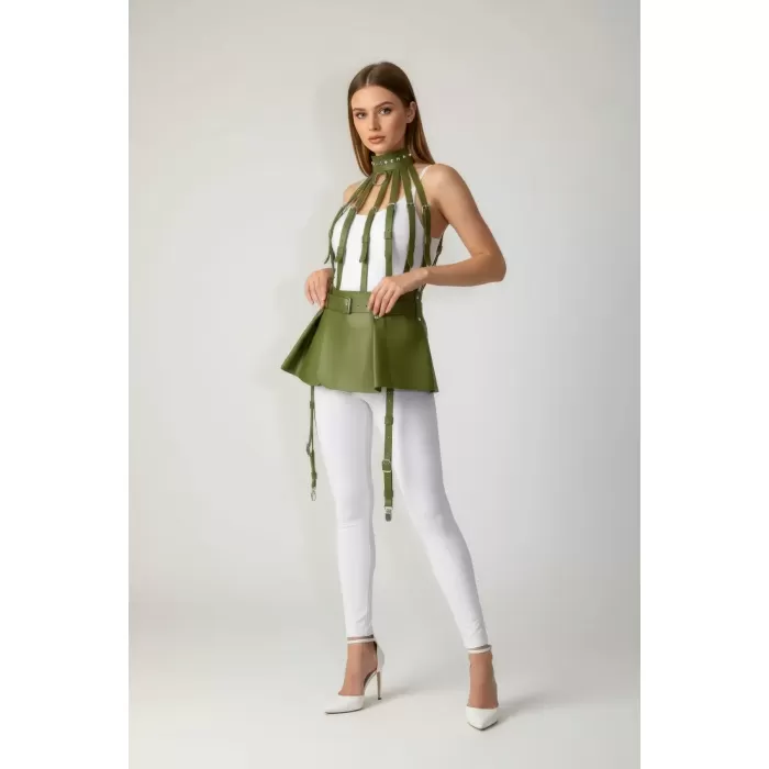 Haki Etek Suni Deri Etek Peplum Yüksek Bel Etek - APFT998