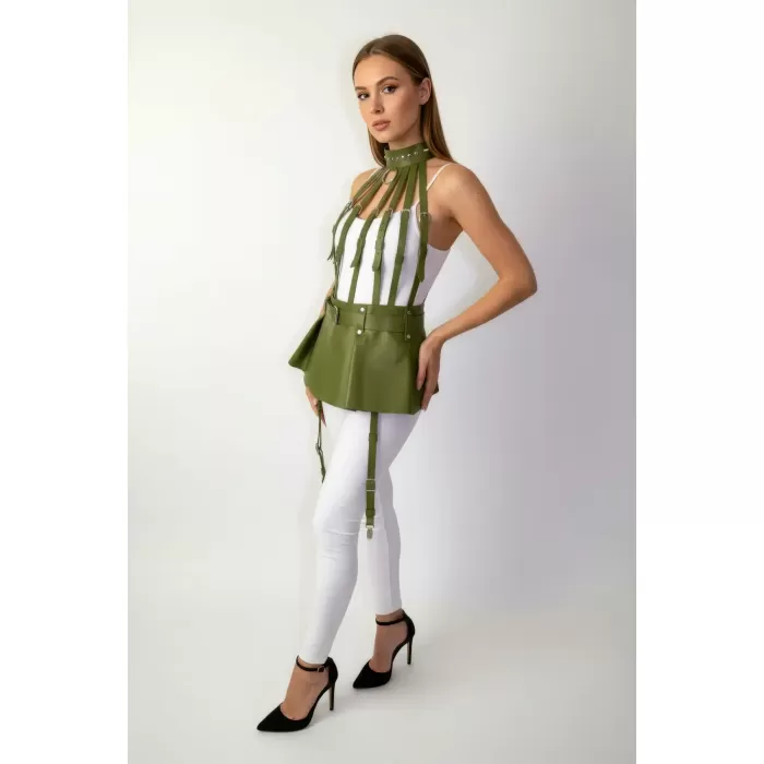 Haki Etek Suni Deri Etek Peplum Yüksek Bel Etek - APFT998